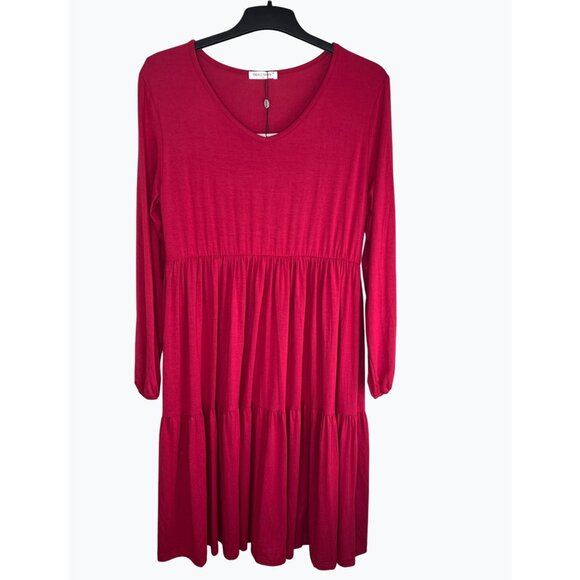Smallshow Red Rayon & Spandex Long Sleeve V-Neck Tiered Maternity Dress - Picture 9 of 14
